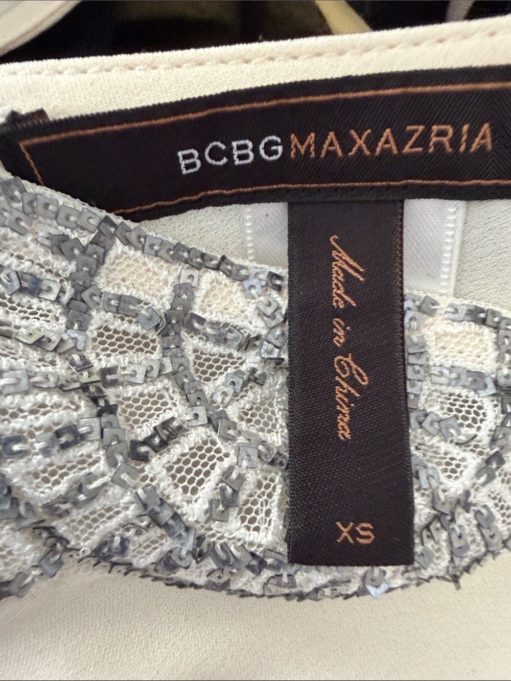 BCBGMaxAzria Ivory Top with Silver Sequin Lace Trim